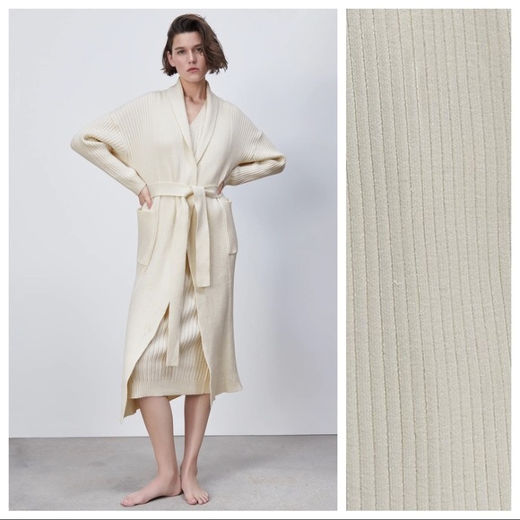 NWT. Zara Cream Open Front Knit Coat with Belt. Size S. - Picture 3 of 9
